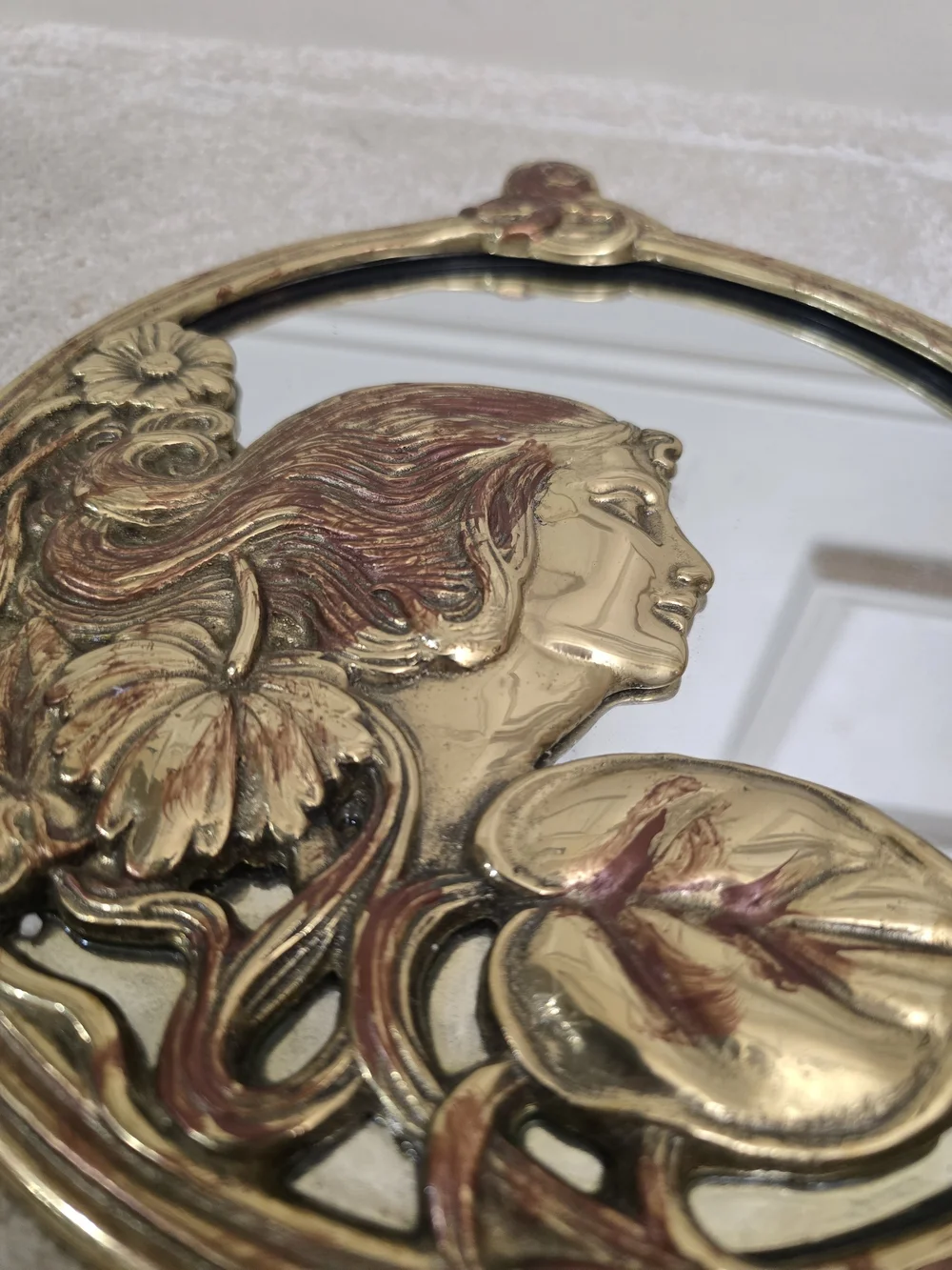 Art Nouveau Gold Decorative Round Wall Mirror with Floral Woman Motif